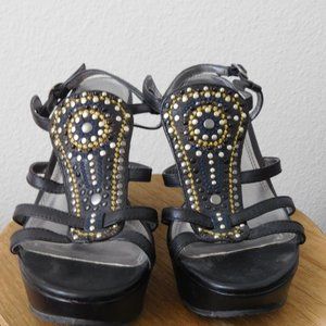 Black sling back wedge heel platform sandal. Boho  euc studs